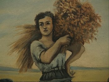 Movie still from “The Gleaners & I” (2000), directed by Agnès Varda – A painting of a woman holding a bunch of flowers; Close Up shot, Low angle