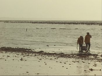Movie still from “The Gleaners & I” (2000), directed by Agnès Varda – Two people in yellow jackets standing on a beach; Extreme Wide shot, High angle