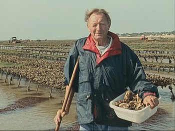 Movie still from “The Gleaners & I” (2000), directed by Agnès Varda – An older man holding a bucket of food in his hands; Medium shot, High angle