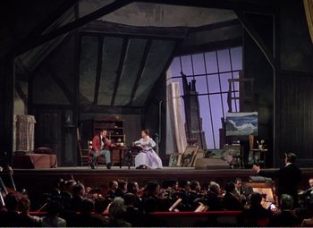 Movie still from “The Great Caruso” (1951), directed by Richard Thorpe – A scene of a stage with a crowd of people; Extreme Wide shot, Low angle