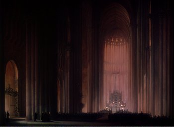 Movie still from “The Great Caruso” (1951), directed by Richard Thorpe – A large cathedral is lit up at night time; Extreme Wide shot, High angle