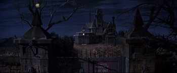 Movie still from “The Great Race” (1965), directed by Blake Edwards – An image of an old house in the middle of the night; Wide shot, Low angle