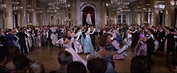 Movie still from “The Great Race” (1965), directed by Blake Edwards – A group of people dressed in formal wear dancing; Wide shot, High angle