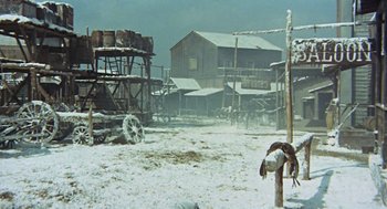 Movie still from “The Great Silence” (1968), directed by Sergio Corbucci – An old western town in the middle of winter; Extreme Wide shot, High angle