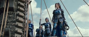 Movie still from “The Great Wall” (2016), directed by Yimou Zhang – A group of people dressed in armor and holding weapons; Wide shot, Low angle
