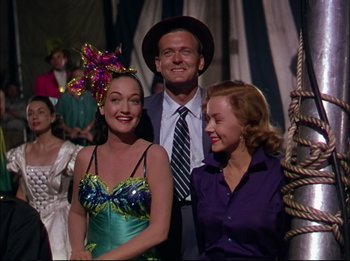 Movie still from “The Greatest Show on Earth” (1952), directed by Cecil B. DeMille – Two women and a man posing for a picture; Medium shot, Low angle