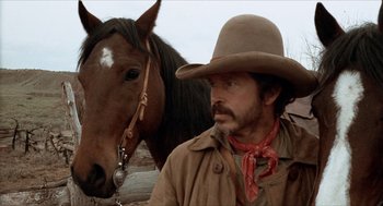 Movie still from “The Hired Hand” (1971), directed by Peter Fonda – A man wearing a cowboy hat next to a horse; Close Up shot, Low angle