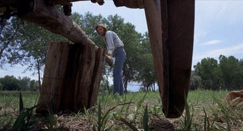 Movie still from “The Hired Hand” (1971), directed by Peter Fonda – A person standing in the grass near a wooden structure; Wide shot, Low angle