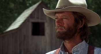 Movie still from “The Hired Hand” (1971), directed by Peter Fonda – A man with a beard and a cowboy hat; Close Up shot, Low angle