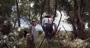 Movie still from “The Hired Hand” (1971), directed by Peter Fonda – A woman and a man standing next to each other in a field; Wide shot, Low angle