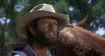 Movie still from “The Hired Hand” (1971), directed by Peter Fonda – A person wearing a cowboy hat; Close Up shot, Low angle