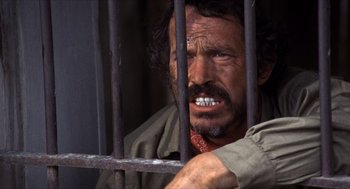 Movie still from “The Hired Hand” (1971), directed by Peter Fonda – A man with a beard and mustache is behind bars; Close Up shot, Low angle