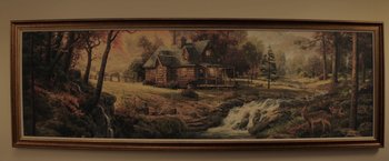 Movie still from “The House” (2017), directed by Andrew Jay Cohen – A painting of a log cabin in the woods; Wide shot, High angle