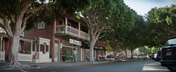 Movie still from “The House” (2017), directed by Andrew Jay Cohen – A man standing on the side of the street next to a tree; Extreme Wide shot, Low angle