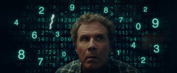 Movie still from “The House” (2017), directed by Andrew Jay Cohen – A man stares into the distance in front of a wall of numbers; Close Up shot, Overhead angle