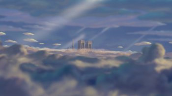 Movie still from “The Hunchback of Notre Dame” (1996), directed by Gary Trousdale – An oil painting of a building in the middle of the clouds; Extreme Wide shot, Low angle