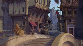 Movie still from “The Hunchback of Notre Dame” (1996), directed by Gary Trousdale – An animated picture of a street scene with buildings and stairs leading up to it; Extreme Wide shot, High angle