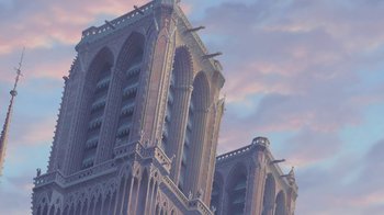 Movie still from “The Hunchback of Notre Dame” (1996), directed by Gary Trousdale – An artistic painting of a building with a sky background; Extreme Wide shot, Low angle