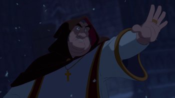 Movie still from “The Hunchback of Notre Dame” (1996), directed by Gary Trousdale – A character from the hunchback of notre dame; Close Up shot, Over the shoulder angle