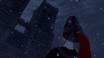 Movie still from “The Hunchback of Notre Dame” (1996), directed by Gary Trousdale – A person standing in front of a building at night; Extreme Wide shot, Over the shoulder angle