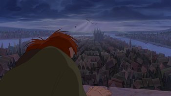 Movie still from “The Hunchback of Notre Dame” (1996), directed by Gary Trousdale – A scene from the animated film the hunchback of notre - dame; Wide shot, High angle