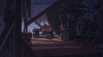 Movie still from “The Hunchback of Notre Dame” (1996), directed by Gary Trousdale – An animated scene of a man sitting on a table; Extreme Wide shot, Low angle