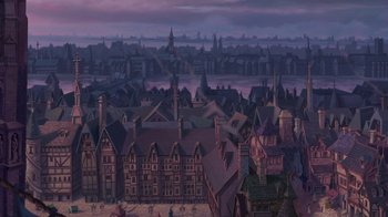 Movie still from “The Hunchback of Notre Dame” (1996), directed by Gary Trousdale – An artistic painting of a city at night; Extreme Wide shot, High angle
