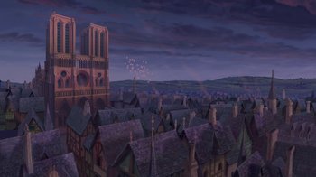Movie still from “The Hunchback of Notre Dame” (1996), directed by Gary Trousdale – An illustration of an old town with a clock tower in the background; Extreme Wide shot, High angle