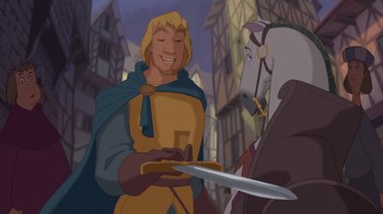 Movie still from “The Hunchback of Notre Dame” (1996), directed by Gary Trousdale – A cartoon of a man holding a sword in front of a horse; Medium shot, Over the shoulder angle
