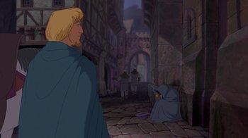 Movie still from “The Hunchback of Notre Dame” (1996), directed by Gary Trousdale – A scene from the animated film the hunchback of notre - dame; Wide shot, Over the shoulder angle