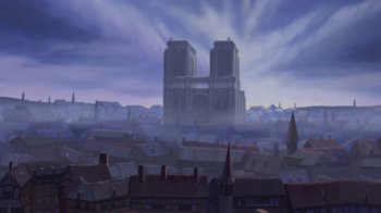Movie still from “The Hunchback of Notre Dame” (1996), directed by Gary Trousdale – An artistic painting of a cathedral in the middle of a city; Extreme Wide shot, Low angle
