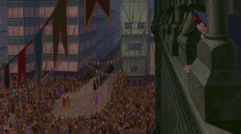 Movie still from “The Hunchback of Notre Dame” (1996), directed by Gary Trousdale – A crowd of people gathered in the street; Extreme Wide shot, High angle