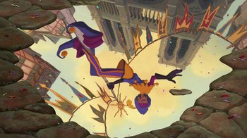 Movie still from “The Hunchback of Notre Dame” (1996), directed by Gary Trousdale – An image of an animated character flying in the air; Extreme Wide shot, Overhead angle