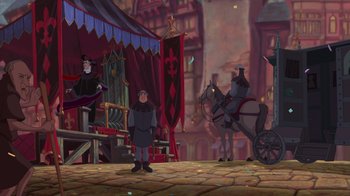 Movie still from “The Hunchback of Notre Dame” (1996), directed by Gary Trousdale – A group of people standing next to each other on a street; Extreme Wide shot, Low angle