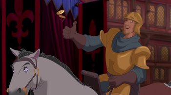 Movie still from “The Hunchback of Notre Dame” (1996), directed by Gary Trousdale – A man in a yellow and blue outfit throwing a frisbee to a white horse; Medium shot, Over the shoulder angle