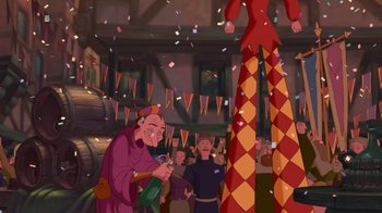 Movie still from “The Hunchback of Notre Dame” (1996), directed by Gary Trousdale – A group of people standing next to each other in a room; Wide shot, Low angle