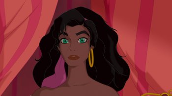 Movie still from “The Hunchback of Notre Dame” (1996), directed by Gary Trousdale – An illustration of a woman with long black hair and green eyes; Close Up shot, High angle