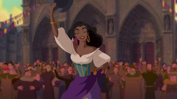 Movie still from “The Hunchback of Notre Dame” (1996), directed by Gary Trousdale – A woman is dancing in front of a crowd; Medium shot, Low angle