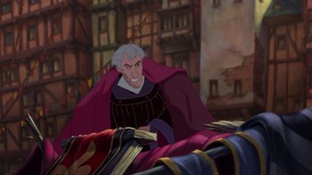 Movie still from “The Hunchback of Notre Dame” (1996), directed by Gary Trousdale – A man with a red cape is standing next to a bed; Medium shot, Over the shoulder angle