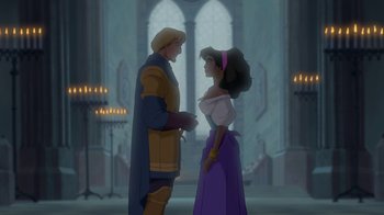 Movie still from “The Hunchback of Notre Dame” (1996), directed by Gary Trousdale – A man and a woman standing next to each other in front of candles; Wide shot, Over the shoulder angle