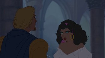 Movie still from “The Hunchback of Notre Dame” (1996), directed by Gary Trousdale – A man and a woman are talking to each other; Close Up shot, Over the shoulder angle