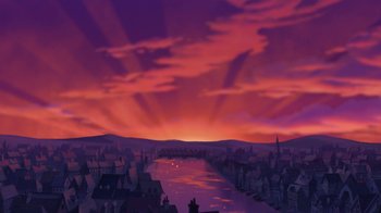 Movie still from “The Hunchback of Notre Dame” (1996), directed by Gary Trousdale – An illustration of a city at sunset with the sun setting in the background; Extreme Wide shot, Low angle