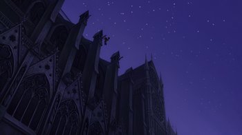 Movie still from “The Hunchback of Notre Dame” (1996), directed by Gary Trousdale – A cathedral with a sky filled with lots of stars in the background; Extreme Wide shot, Low angle