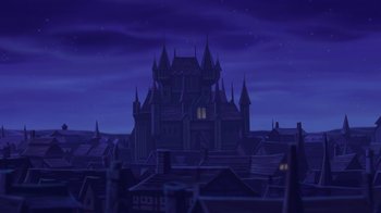 Movie still from “The Hunchback of Notre Dame” (1996), directed by Gary Trousdale – An animated castle is shown at night with the sky in the background; Extreme Wide shot, Low angle