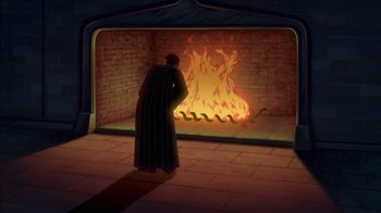 Movie still from “The Hunchback of Notre Dame” (1996), directed by Gary Trousdale – A man standing in front of an open fireplace; Wide shot, Over the shoulder angle