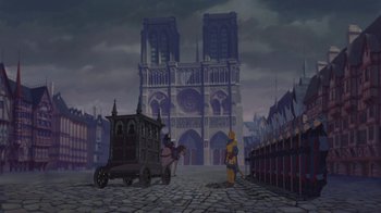 Movie still from “The Hunchback of Notre Dame” (1996), directed by Gary Trousdale – An animated picture of a medieval castle and a carriage; Extreme Wide shot, Low angle