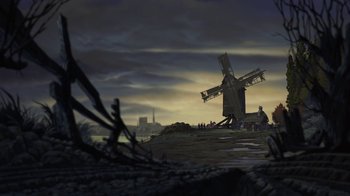 Movie still from “The Hunchback of Notre Dame” (1996), directed by Gary Trousdale – An image of a windmill in the middle of the night; Extreme Wide shot, High angle