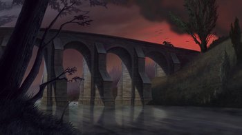 Movie still from “The Hunchback of Notre Dame” (1996), directed by Gary Trousdale – A painting of a bridge over a body of water at night; Extreme Wide shot, Low angle