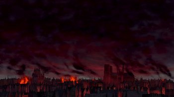 Movie still from “The Hunchback of Notre Dame” (1996), directed by Gary Trousdale – An image of a city that is burning in the dark; Extreme Wide shot, High angle