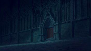 Movie still from “The Hunchback of Notre Dame” (1996), directed by Gary Trousdale – An image of an old church with a door open; Extreme Wide shot, Low angle